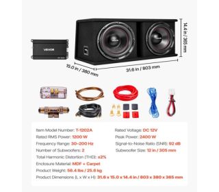 Subwoofer Bass Package, 12 In, 1200W RMS, Dual Car Audio Subwoofer And Amp Package, With Loaded Enclosure, Separate Amplifier, And Wiring Kit