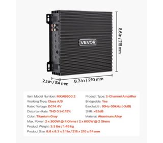 2 Channel Car Audio Amplifier 2 Ohm Stable Bridgeable Class A/B Full Range Stereo Amp Max Power 2 X 300W @ 4 Ohm / 2 X 600W @ 2 Ohm