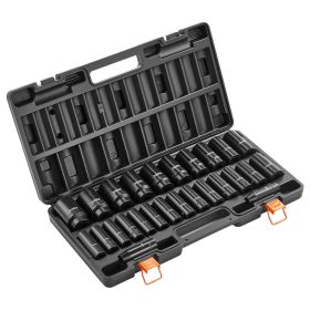 Impact Socket Set, 1/2" Drive, 26-Piece Impact Sockets, 6-Point Sockets, Metric 10-30 mm, 32-36 mm, Easy to Identify, with a Sturdy Storage Case