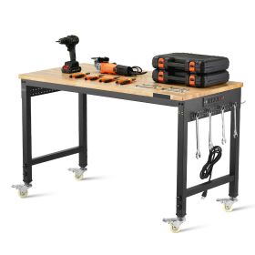 48-Inch Adjustable Workbench, 2000 lbs Load, Work Bench with Power Outlet, Wheels, and Pegboard, Heavy Duty Oak Wood Top Work Table for Garage