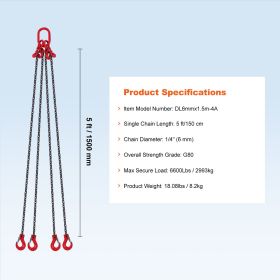 Chain Sling, 1/4 inch x 5 ft Lifting Chains with Hooks, G80 Engine Chain Hoist Lifts, 6600 lbs/3 Ton Lifting Sling Chains for Engine Hoist