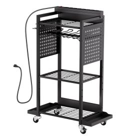4-tier Tool Organizer Cart with Charging Station, 8 AC Outlet, Floor Stand Rolling Drill Holder and Tool Battery Storage Rack on Wheels