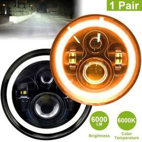 2Pc 7in 6000LM Round LED Headlight Halo Angel Eyes For Jeep Wrangler TJ JK CJ With H4 To H13 Adapter Plug And Play (Option: Black)